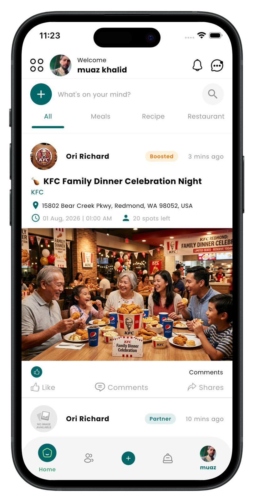 DinePals home feed showing a shared meal post