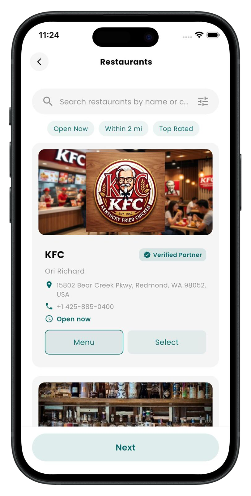 DinePals restaurant listing screen